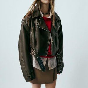 ZARA cropped faux leather biker moto jacket 🐎